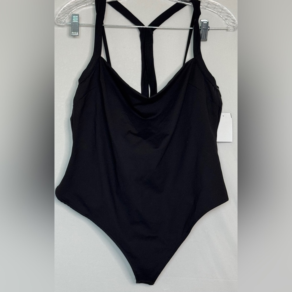 Free‎ People Black Bodysuit Strappy Back Cowl Neck Minimalist Size XL